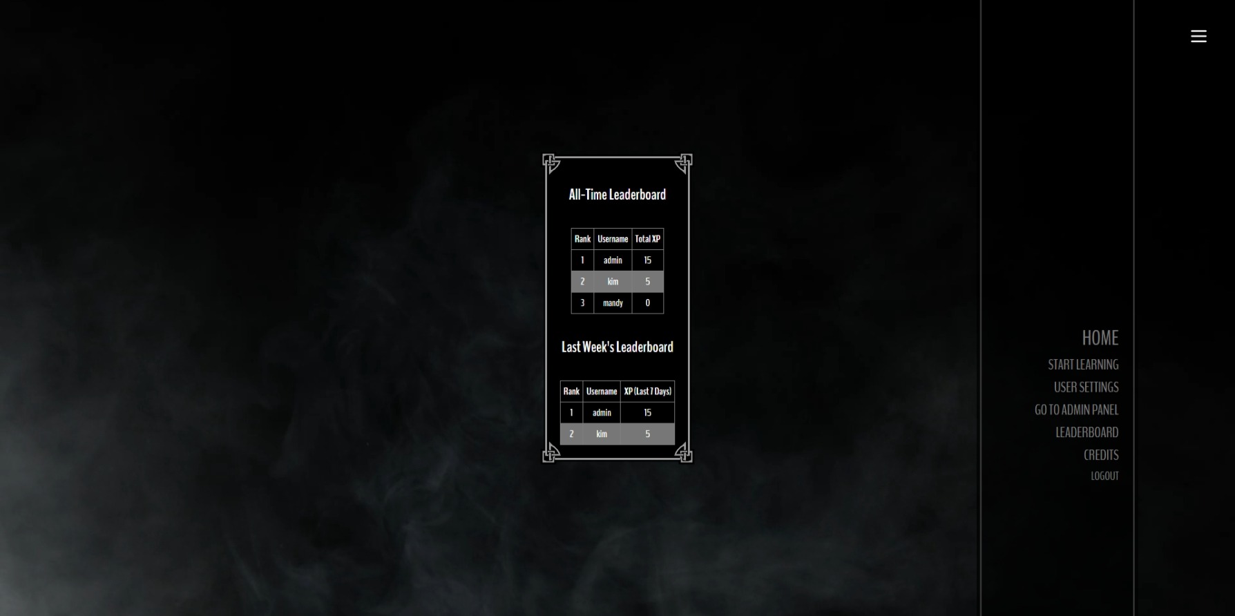 leaderboard screen